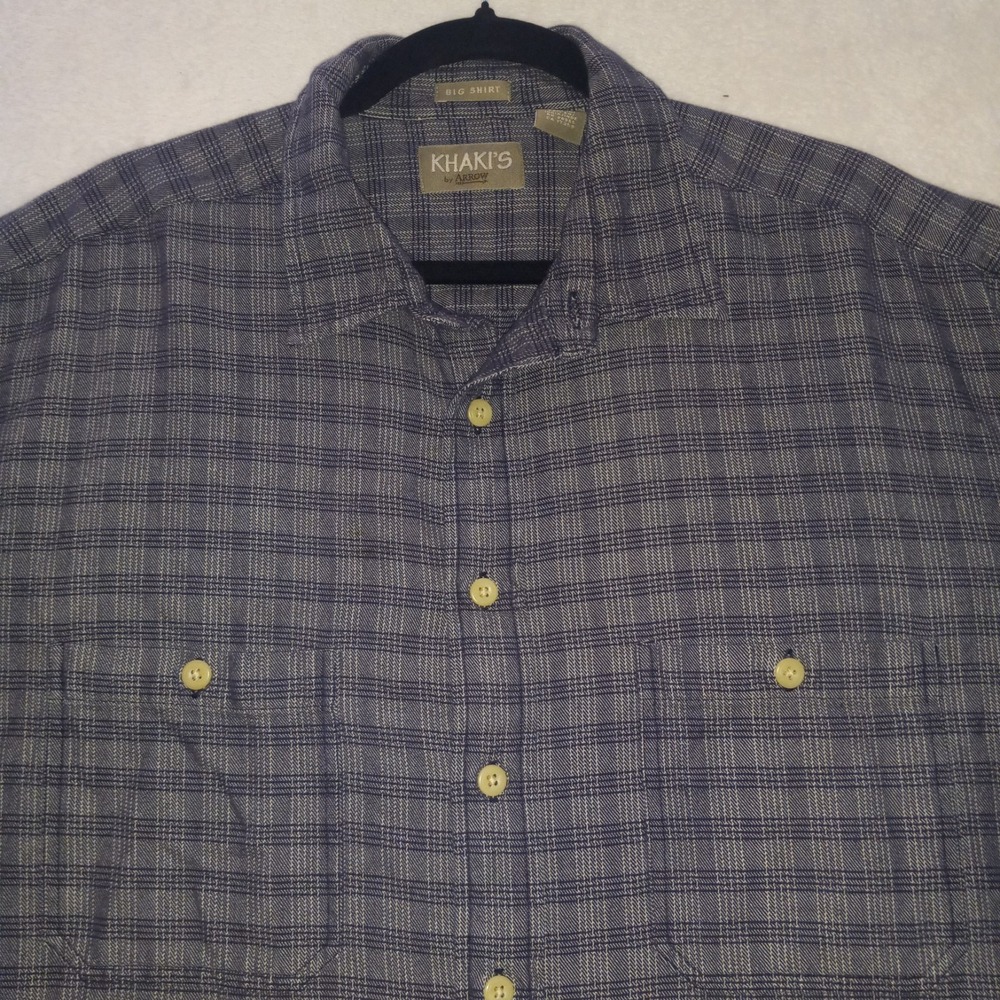 Arrow Khakis Big Shirt Gray Plaid Button Down Flannel Men XL